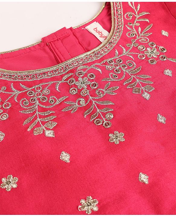 Babyhug Brocade Woven Flared Full Sleeves Embroidered Choli & Floral Printed Lehenga Set With Dupatta - Dark Pink
