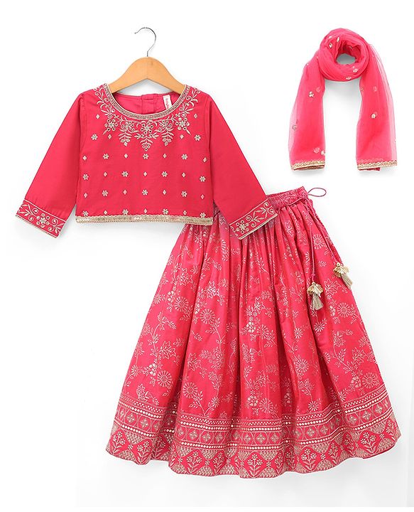 Babyhug Brocade Woven Flared Full Sleeves Embroidered Choli & Floral Printed Lehenga Set With Dupatta - Dark Pink