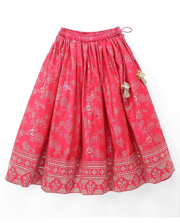 Babyhug Brocade Woven Flared Full Sleeves Embroidered Choli & Floral Printed Lehenga Set With Dupatta - Dark Pink