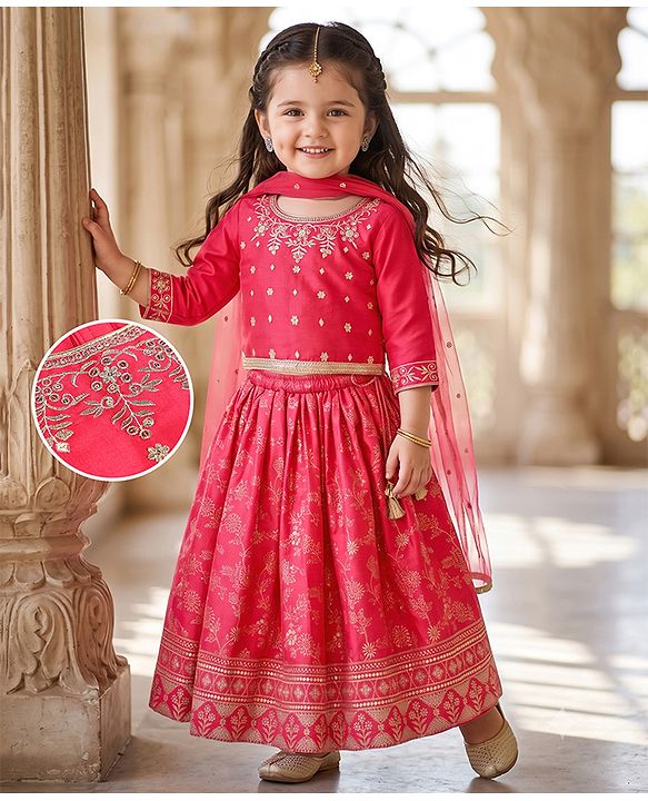 Babyhug Brocade Woven Flared Full Sleeves Embroidered Choli & Floral Printed Lehenga Set With Dupatta - Dark Pink