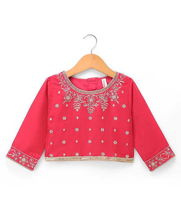 Babyhug Brocade Woven Flared Full Sleeves Embroidered Choli & Floral Printed Lehenga Set With Dupatta - Dark Pink