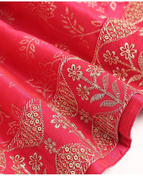 Babyhug Brocade Woven Flared Full Sleeves Embroidered Choli & Floral Printed Lehenga Set With Dupatta - Dark Pink