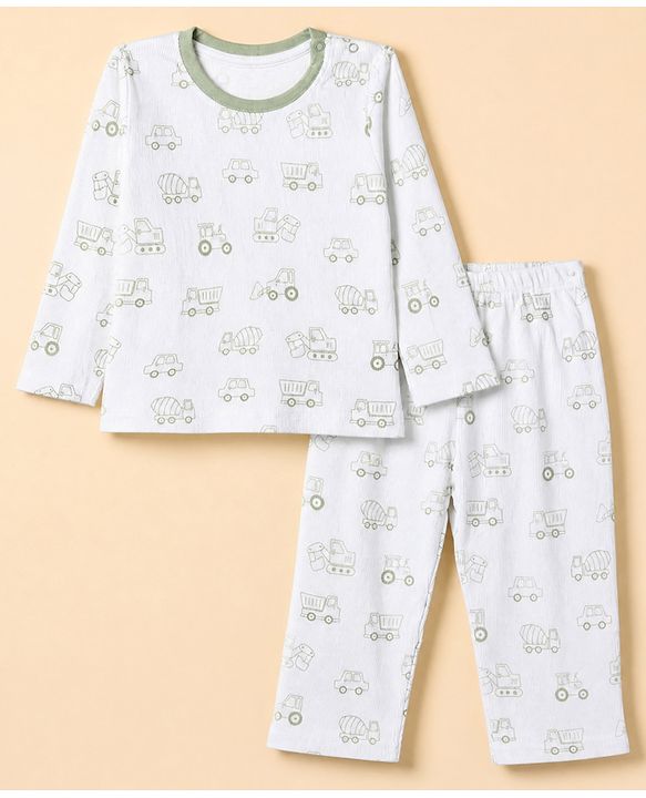 Babyhug 100% Cotton Knit Full Sleeves Co-Ords T-Shirt & Pyjama Night Suit with Vehicle Print - White