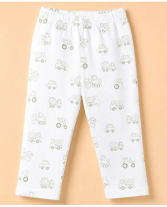 Babyhug 100% Cotton Knit Full Sleeves Co-Ords T-Shirt & Pyjama Night Suit with Vehicle Print - White