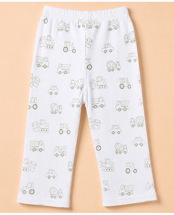 Babyhug 100% Cotton Knit Full Sleeves Co-Ords T-Shirt & Pyjama Night Suit with Vehicle Print - White