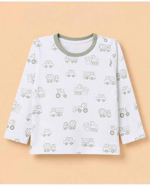 Babyhug 100% Cotton Knit Full Sleeves Co-Ords T-Shirt & Pyjama Night Suit with Vehicle Print - White