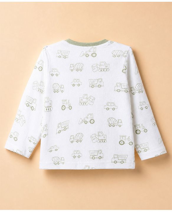 Babyhug 100% Cotton Knit Full Sleeves Co-Ords T-Shirt & Pyjama Night Suit with Vehicle Print - White