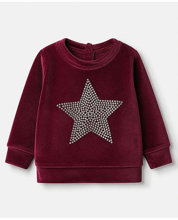 Babyhug Velour Knit Full Sleeves Top and Jogger Winter Set with Star Foil Print - Wine
