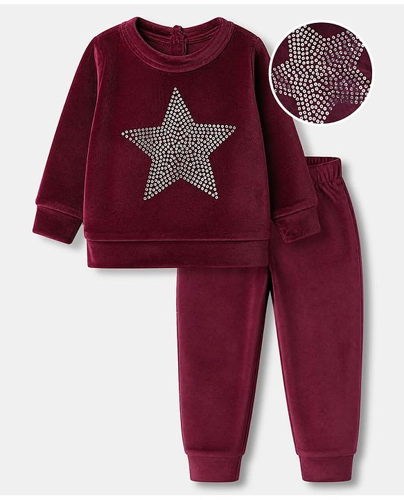 Babyhug Velour Knit Full Sleeves Top and Jogger Winter Set with Star Foil Print - Wine