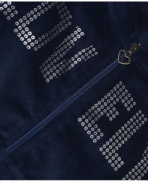 Babyhug Velour Knit Full Sleeves Lovely Foil Printed Front Open Winter Wear Suit - Navy Blue