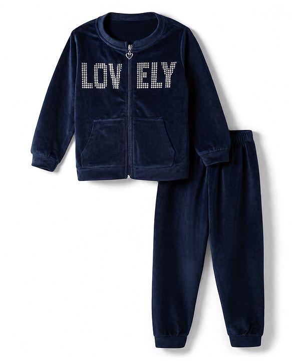Babyhug Velour Knit Full Sleeves Lovely Foil Printed Front Open Winter Wear Suit - Navy Blue