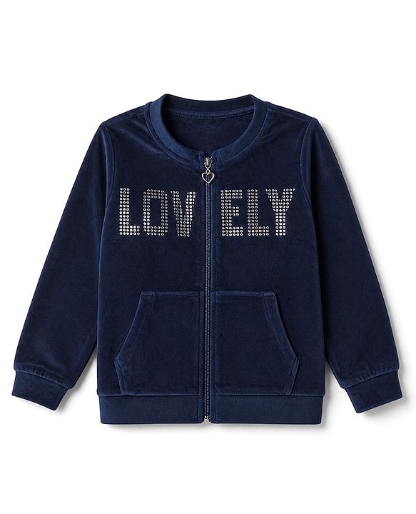 Babyhug Velour Knit Full Sleeves Lovely Foil Printed Front Open Winter Wear Suit - Navy Blue