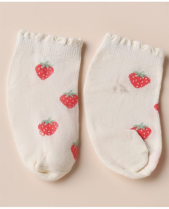 Cute Walk by Babyhug Cotton Knit Anti Bacterial Ankle Length Socks with Strawberry & Cherry Design Pack of 3 - White, Pink & Off White