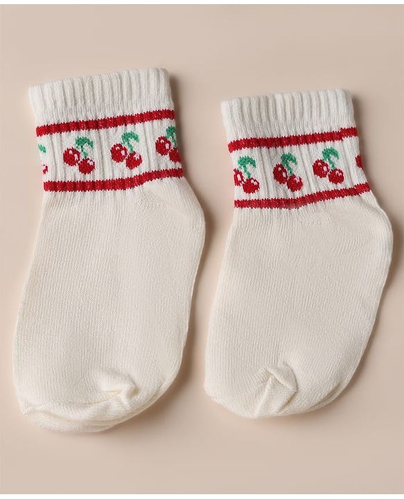 Cute Walk by Babyhug Cotton Knit Anti Bacterial Ankle Length Socks with Strawberry & Cherry Design Pack of 3 - White, Pink & Off White