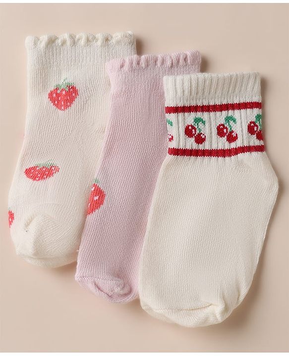 Cute Walk by Babyhug Cotton Knit Anti Bacterial Ankle Length Socks with Strawberry & Cherry Design Pack of 3 - White, Pink & Off White