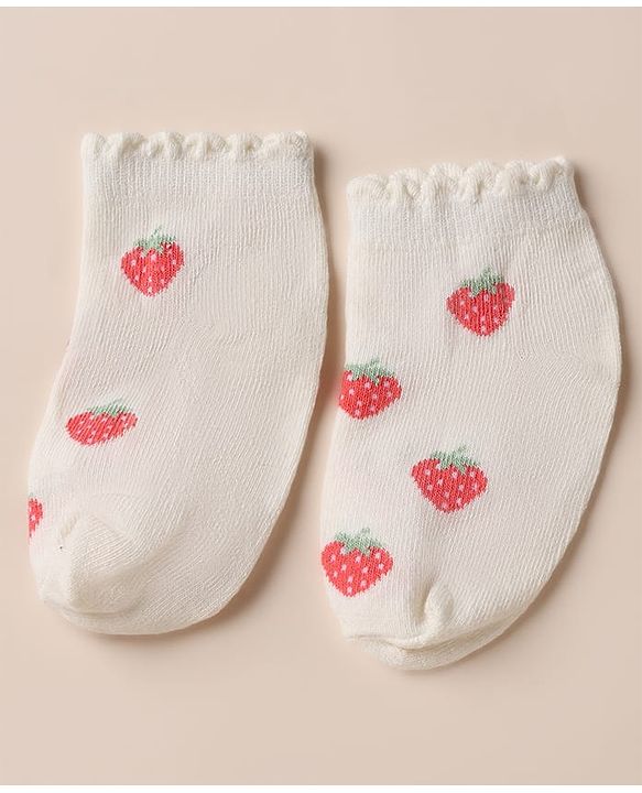 Cute Walk by Babyhug Cotton Knit Anti Bacterial Ankle Length Socks with Strawberry & Cherry Design Pack of 3 - White, Pink & Off White