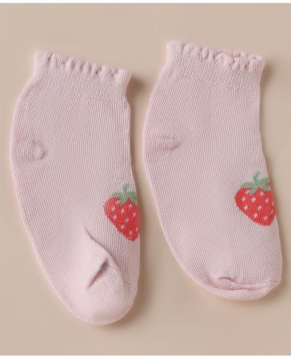 Cute Walk by Babyhug Cotton Knit Anti Bacterial Ankle Length Socks with Strawberry & Cherry Design Pack of 3 - White, Pink & Off White