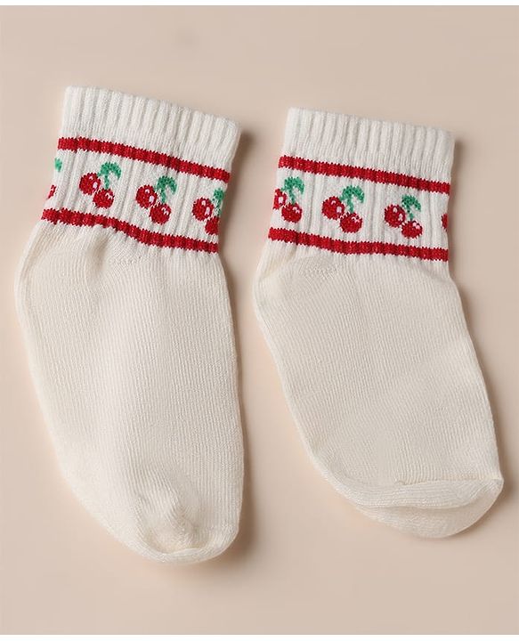 Cute Walk by Babyhug Cotton Knit Anti Bacterial Ankle Length Socks with Strawberry & Cherry Design Pack of 3 - White, Pink & Off White