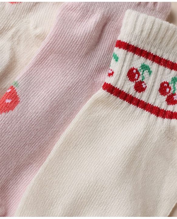 Cute Walk by Babyhug Cotton Knit Anti Bacterial Ankle Length Socks with Strawberry & Cherry Design Pack of 3 - White, Pink & Off White