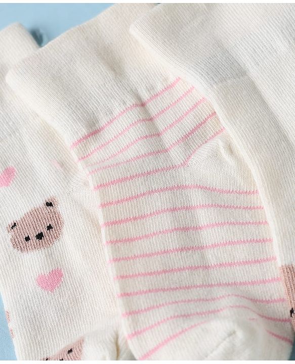 Cute Walk by Babyhug Cotton Knit Anti-bacterial Ankle Length Socks With Bear Design Pack of 3 - White Pink