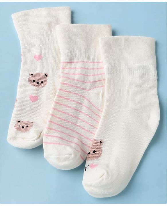 Cute Walk by Babyhug Cotton Knit Anti-bacterial Ankle Length Socks With Bear Design Pack of 3 - White Pink