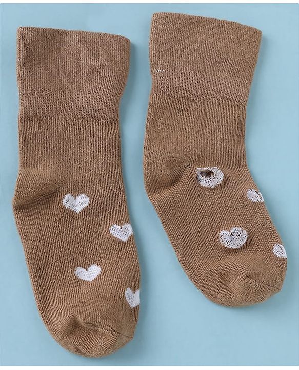 Cute Walk by Babyhug Cotton Knit SOLID Anti-bacterial Ankle Length Socks With Heart Design Pack of 3 - Brown White Pink