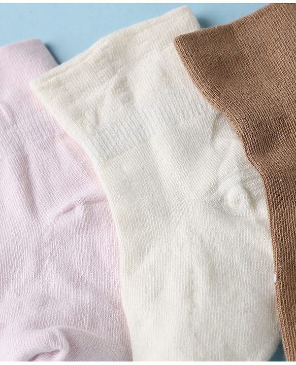 Cute Walk by Babyhug Cotton Knit SOLID Anti-bacterial Ankle Length Socks With Heart Design Pack of 3 - Brown White Pink