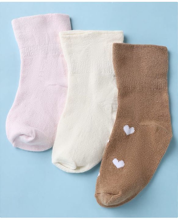 Cute Walk by Babyhug Cotton Knit SOLID Anti-bacterial Ankle Length Socks With Heart Design Pack of 3 - Brown White Pink