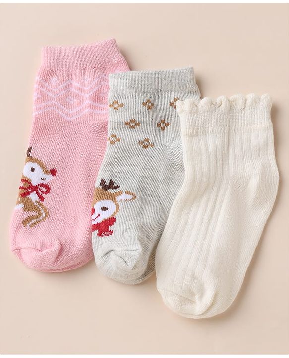 Cute Walk by Babyhug Anti-bacterial Ankle Length Socks With Animal Design Pack of 3 - Pink White Grey