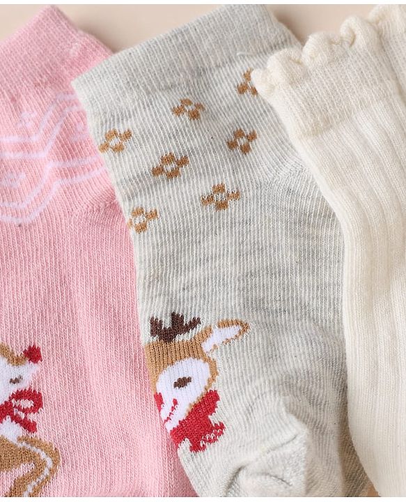 Cute Walk by Babyhug Anti-bacterial Ankle Length Socks With Animal Design Pack of 3 - Pink White Grey