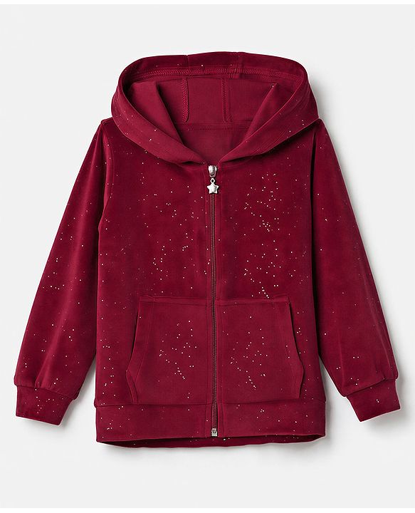 Babyhug Velour Knit Front Opener Full Sleeves Hooded Winter Wear Co-Ords Suit With Stone Embellishment - Maroon