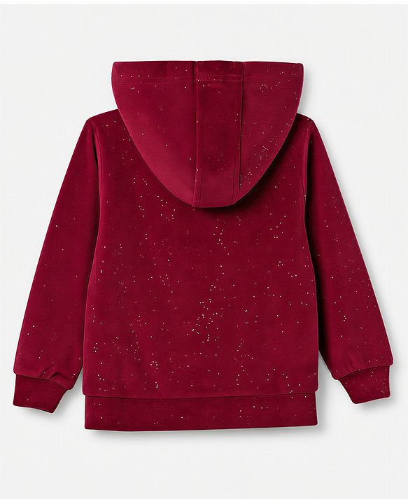 Babyhug Velour Knit Front Opener Full Sleeves Hooded Winter Wear Co-Ords Suit With Stone Embellishment - Maroon