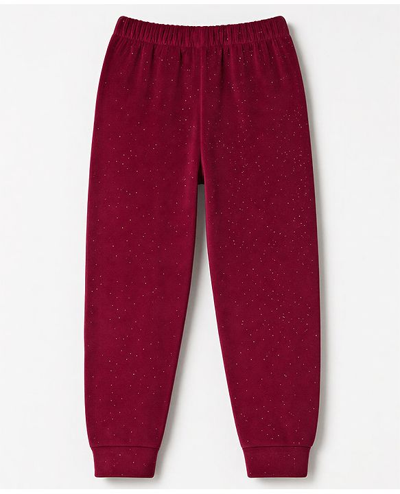 Babyhug Velour Knit Front Opener Full Sleeves Hooded Winter Wear Co-Ords Suit With Stone Embellishment - Maroon