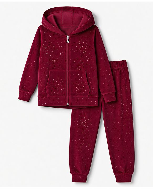 Babyhug Velour Knit Front Opener Full Sleeves Hooded Winter Wear Co-Ords Suit With Stone Embellishment - Maroon