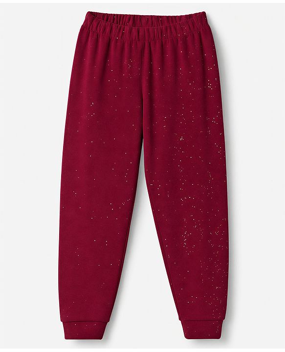 Babyhug Velour Knit Front Opener Full Sleeves Hooded Winter Wear Co-Ords Suit With Stone Embellishment - Maroon