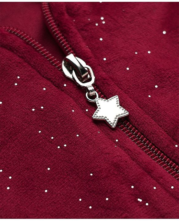 Babyhug Velour Knit Front Opener Full Sleeves Hooded Winter Wear Co-Ords Suit With Stone Embellishment - Maroon