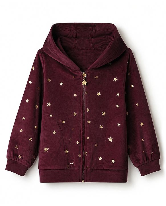 Babyhug Velour Knit Full Sleeves Star Printed Hooded Front Open Winter Wear Suit - Wine