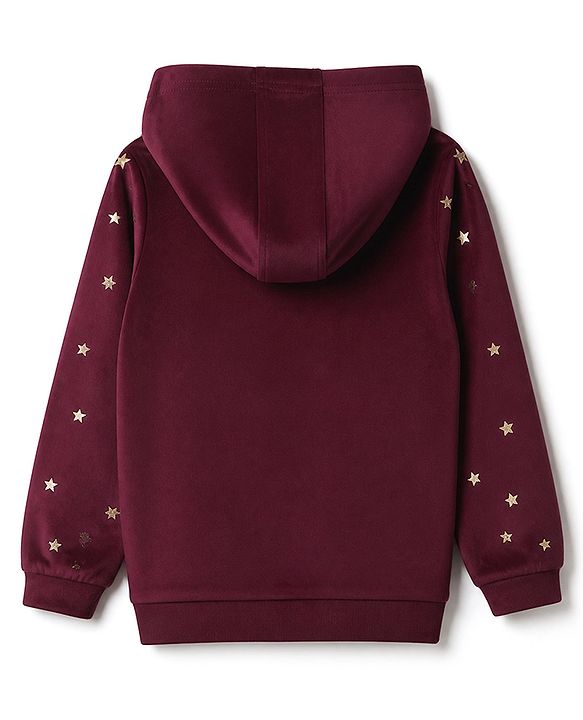 Babyhug Velour Knit Full Sleeves Star Printed Hooded Front Open Winter Wear Suit - Wine