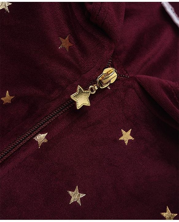 Babyhug Velour Knit Full Sleeves Star Printed Hooded Front Open Winter Wear Suit - Wine