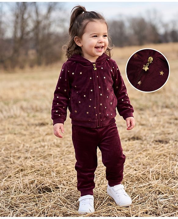 Babyhug Velour Knit Full Sleeves Star Printed Hooded Front Open Winter Wear Suit - Wine