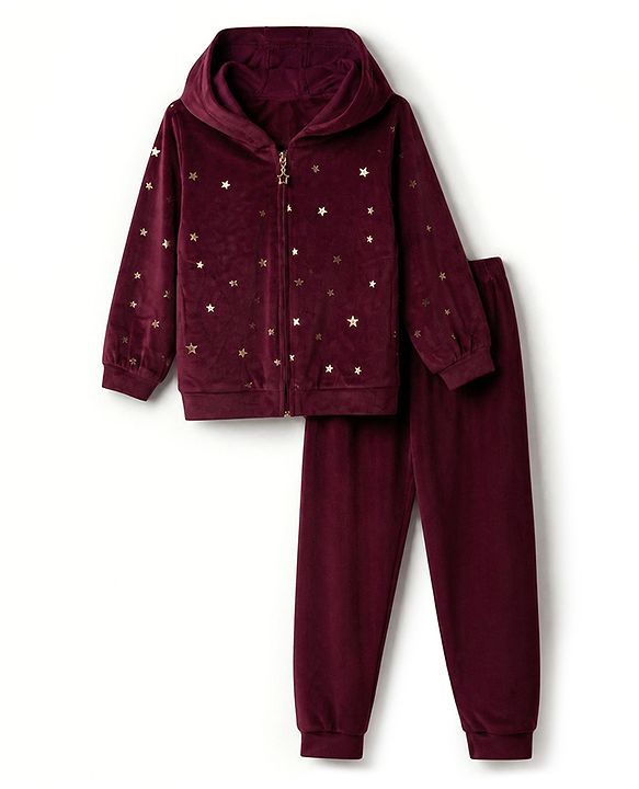 Babyhug Velour Knit Full Sleeves Star Printed Hooded Front Open Winter Wear Suit - Wine