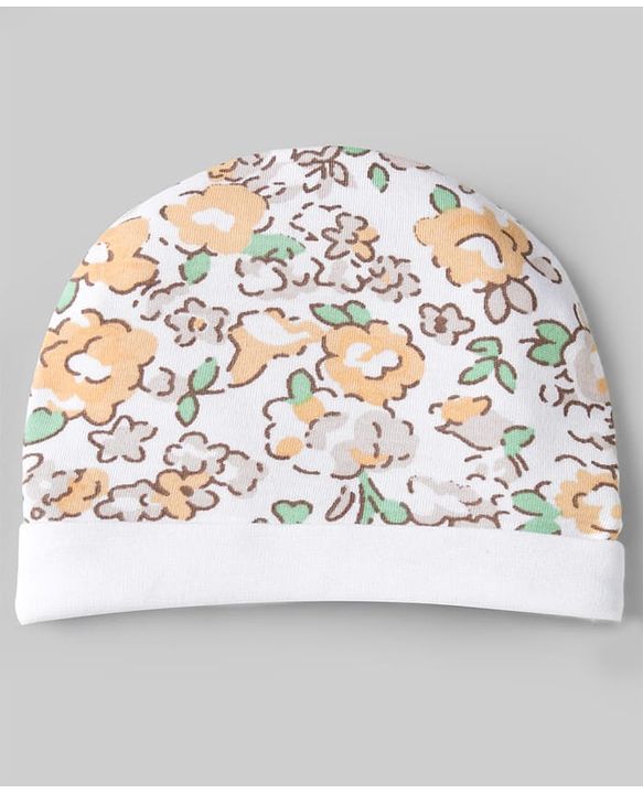 Babyhug 100% Cotton Interlock Knit Caps, Mittens & Booties with Floral Print White - Diameter 10.5 cm