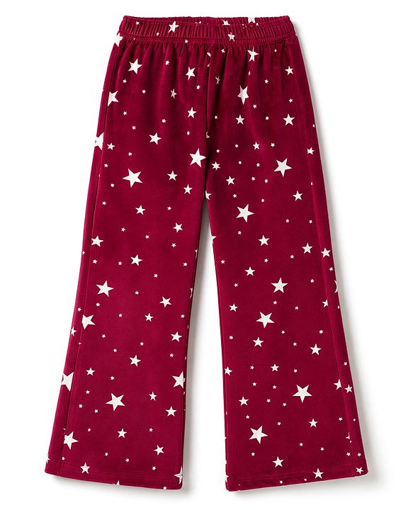 Babyhug Velour Knit Full Length Star Printed Wide Legged Fleece & Woollen Pant -Maroon