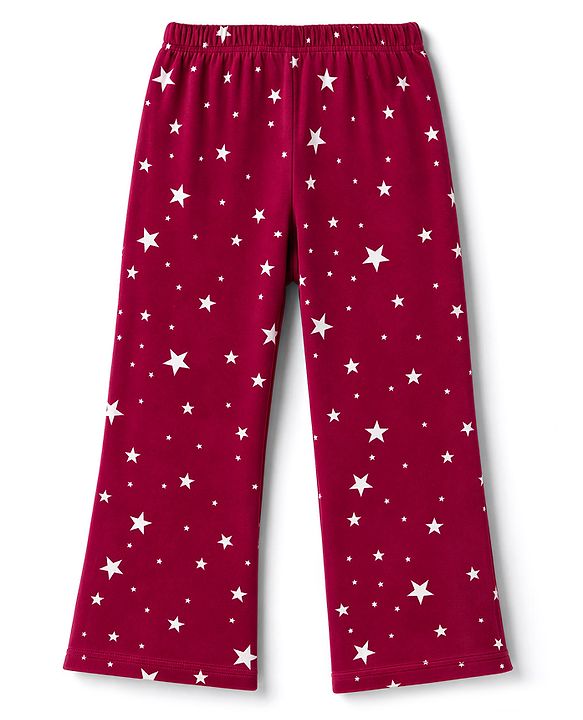 Babyhug Velour Knit Full Length Star Printed Wide Legged Fleece & Woollen Pant -Maroon