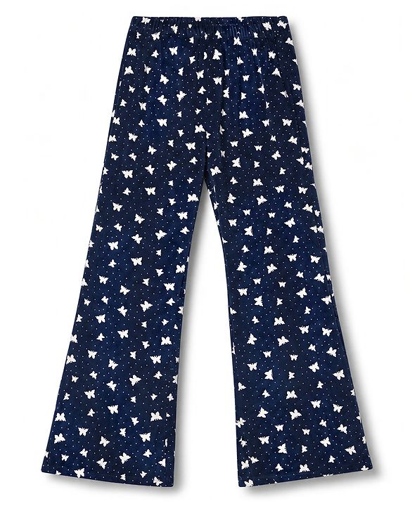 Babyhug Velour Knit Full Length Butterfly Printed Wide Legged  Fleece & Woollen Pant  - Navy Blue