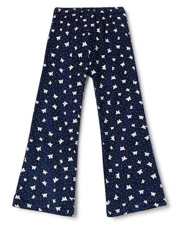 Babyhug Velour Knit Full Length Butterfly Printed Wide Legged  Fleece & Woollen Pant  - Navy Blue