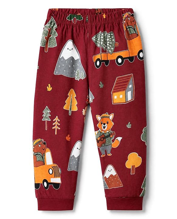 Babyhug 100% Cotton Knit Full Sleeves Co-Ords T-Shirt & Pyjama Night Suit with Animal Print - Maroon