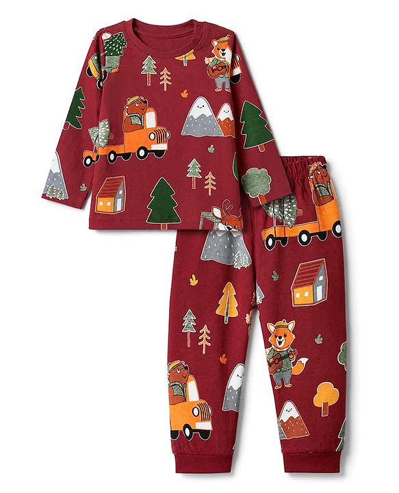 Babyhug 100% Cotton Knit Full Sleeves Co-Ords T-Shirt & Pyjama Night Suit with Animal Print - Maroon