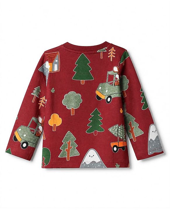 Babyhug 100% Cotton Knit Full Sleeves Co-Ords T-Shirt & Pyjama Night Suit with Animal Print - Maroon