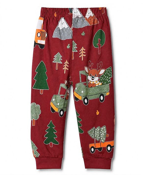 Babyhug 100% Cotton Knit Full Sleeves Co-Ords T-Shirt & Pyjama Night Suit with Animal Print - Maroon